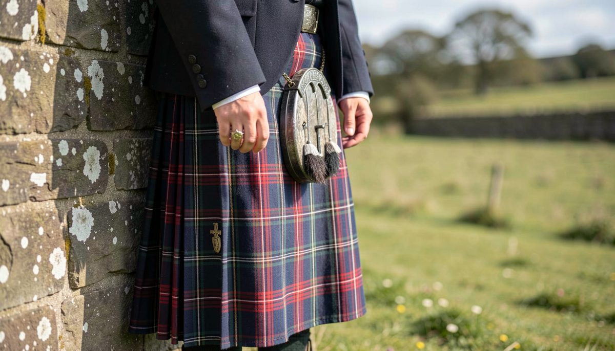 A tartan sett drawn as a grid of coloured threads on a screen beside a notebook with the count