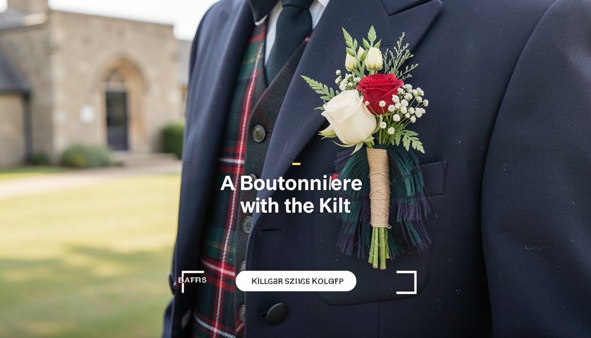 A single white rose boutonniere pinned to the lapel of a tweed jacket above a tartan kilt, in daylight