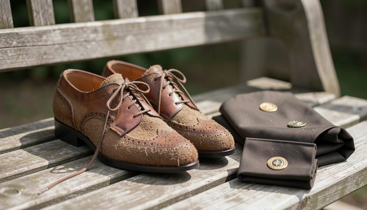 A pair of brown leather brogues and a dark sporran with a round cantle resting on a weathered wooden bench