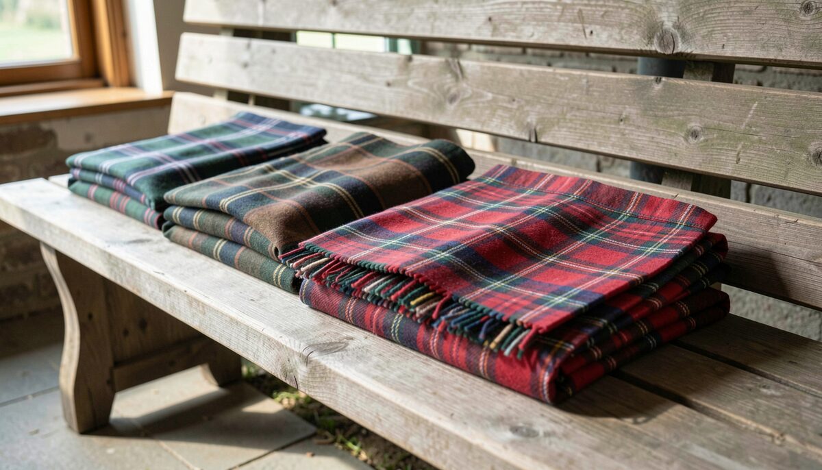 Three folded woollen kilts in green, dark blue and red tartans laid side by side on a wooden bench outdoors