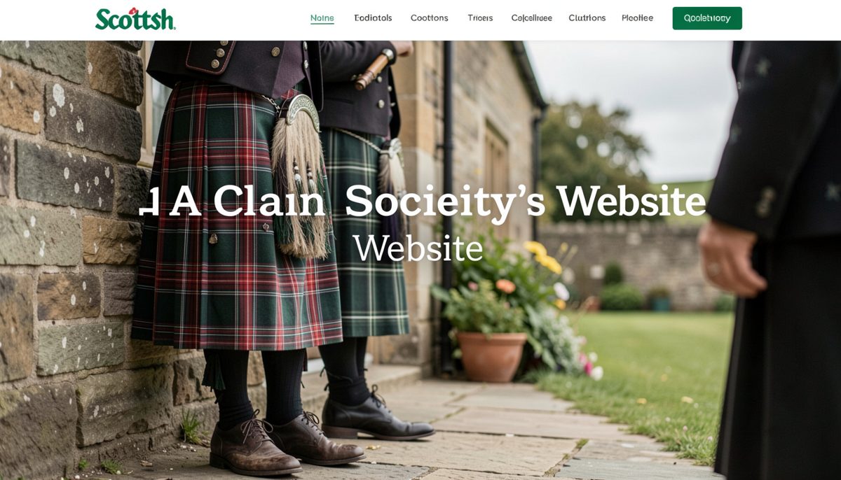 A laptop on a wooden desk showing a simple clan society page beside a bound minute book