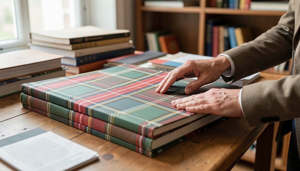 Hands turning the pages of a large tartan sample book on a desk beside shelves of bound volumes