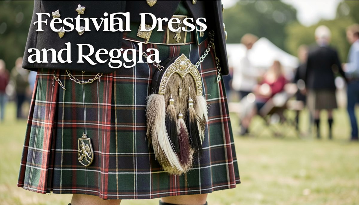A row of sash-wearing club members and a tartan-clad piper standing together at a festival procession