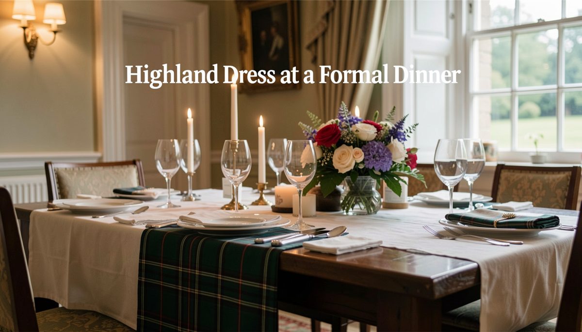 A long formal dinner table laid with glasses and candles, a kilted guest standing at its head