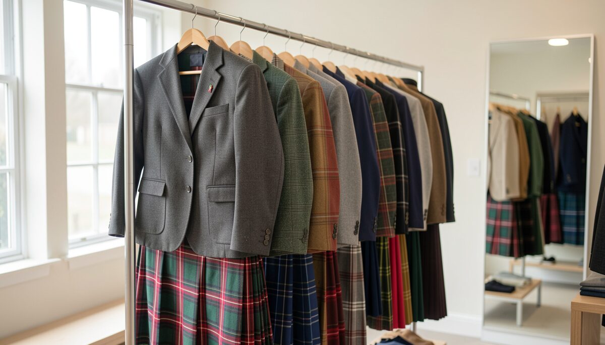 A rail of grey and navy jackets hung above tartan kilts in a bright fitting room with a tall mirror
