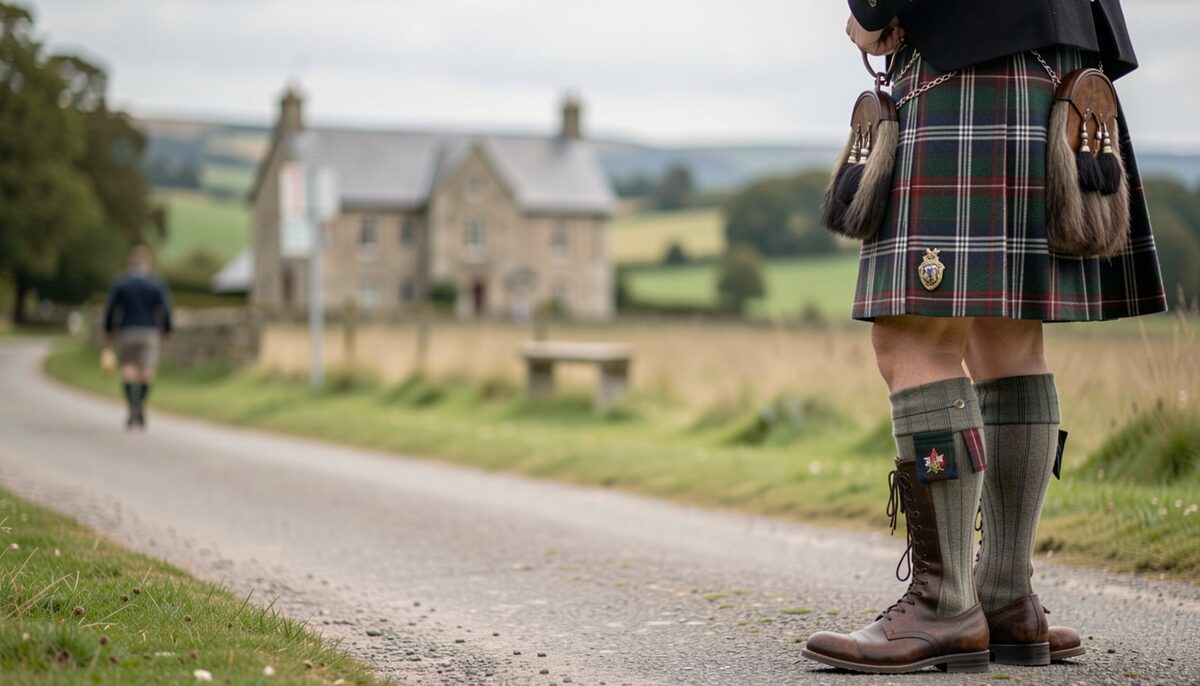 A man in a kilt, dark hose and brogues walking away down a country lane past stone cottages