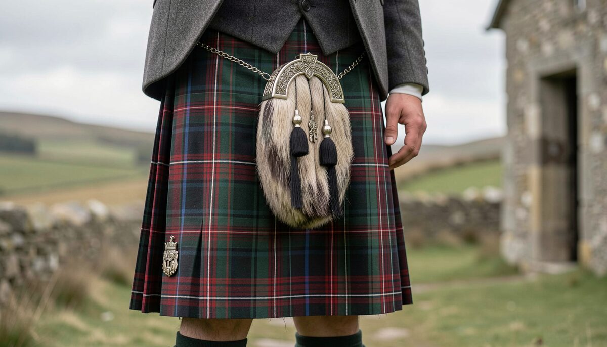 A green and red tartan kilt with a tasselled fur sporran, worn under a grey jacket in open countryside