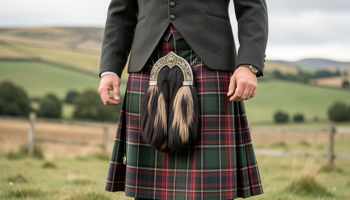 A tartan kilt with a silver-cantled fur sporran and a grey jacket, seen from the front on a farm track