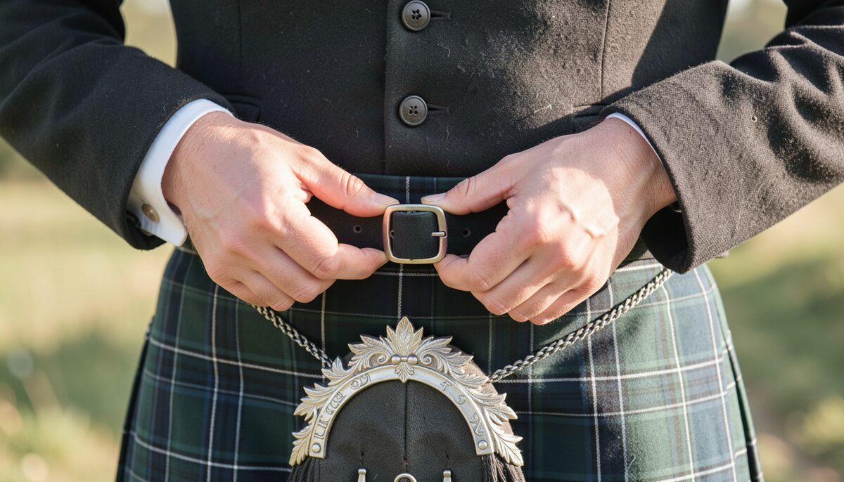 Hands fastening the leather strap and buckle of a green tartan kilt above a silver sporran cantle