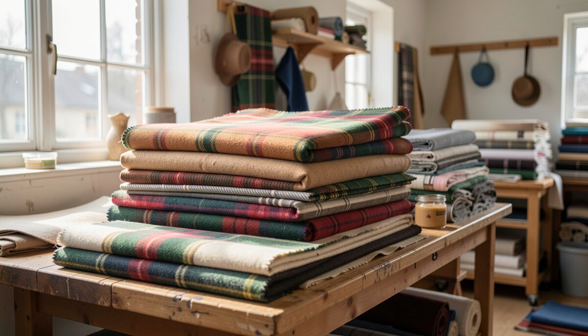 Stacked bolts of red, green and blue tartan cloth on a workbench in a sunlit textile workshop