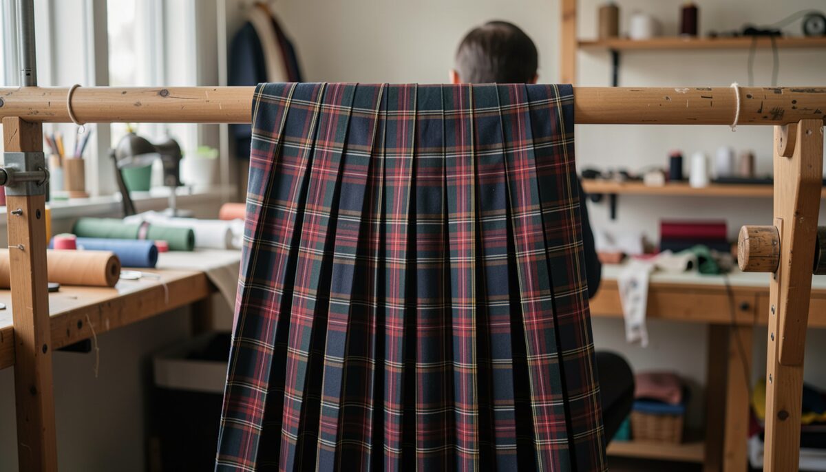 The pleated back of a green and red tartan kilt hanging over a wooden rail in a tailoring workshop