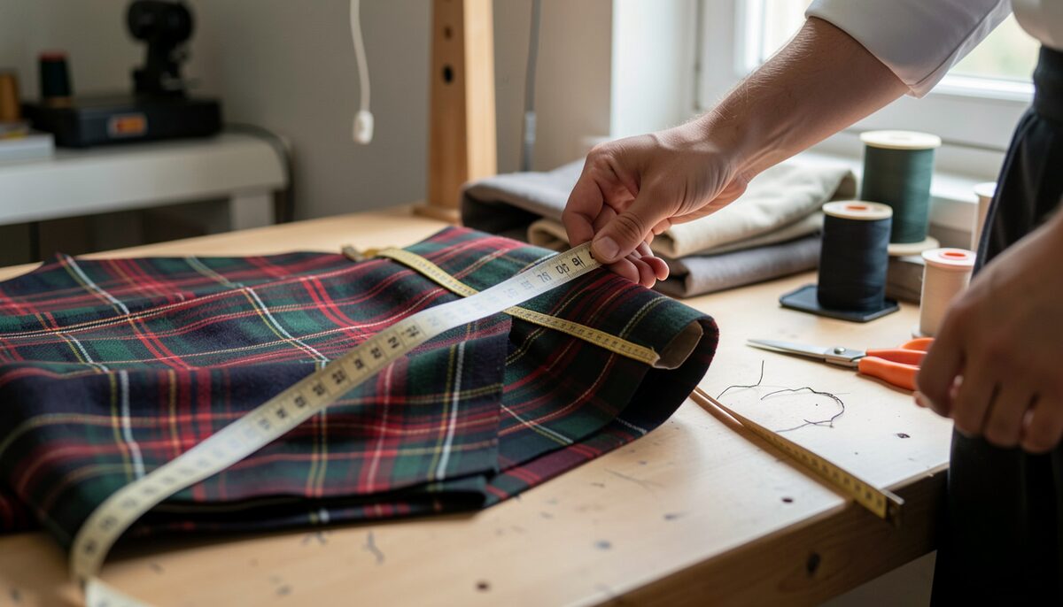 A tailor’s hands running a cloth tape measure along the waistband of a tartan kilt on a worktable