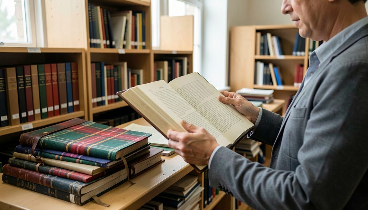 A man in a grey jacket reading a large bound volume in a library, tartan-bound books stacked on the table