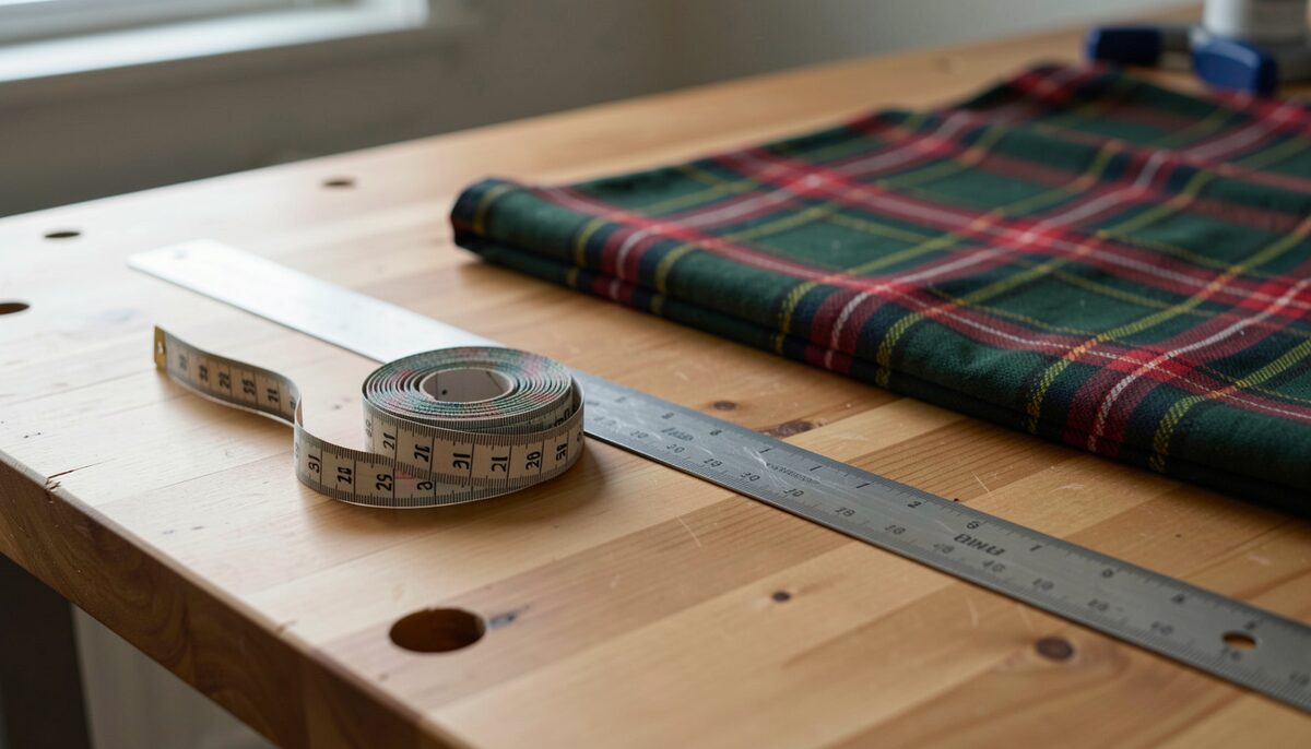 A cloth tape measure coiled beside a steel rule on a wooden cutting table, tartan fabric behind them