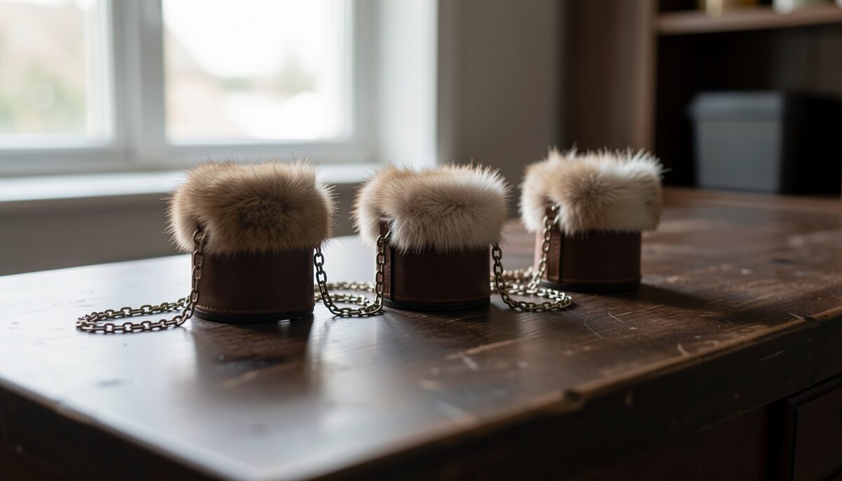 Three fur sporrans with chain straps standing in a row on a dark wooden counter by a window