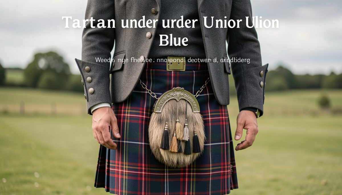 A sepia photograph of kilted soldiers in Union blue standing in a camp line beside a flag, in period style