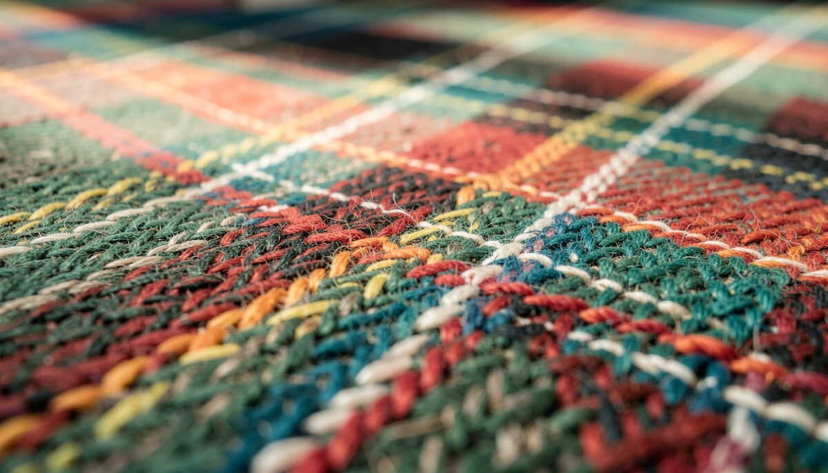 Extreme close-up of woven tartan showing crossing bands of green, red, yellow and white threads
