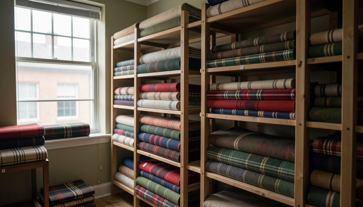 Tall wooden shelves stacked with rolled tartan cloth in a quiet archive room lit from a window